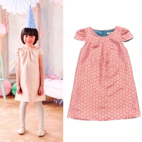 Mini Boden Girls Metallic Floral Jacquard Demask Party Dress Gold & Pink 5-6Y - Picture 1 of 7